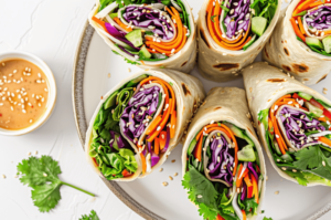 A collection of fresh vegetables, fruits, nuts, and herbs used in vegan cooking.