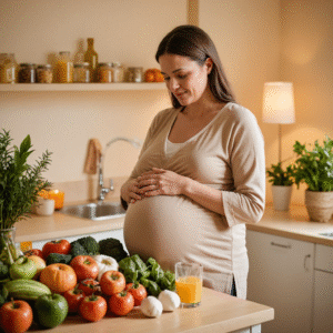 Pregnant woman monitoring blood sugar levels for gestational diabetes management.