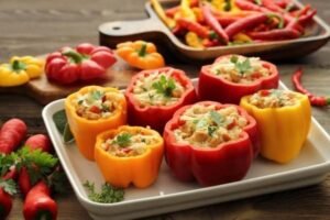 Stuffed bell peppers with rice and vegetables, fitting a Mediterranean diet